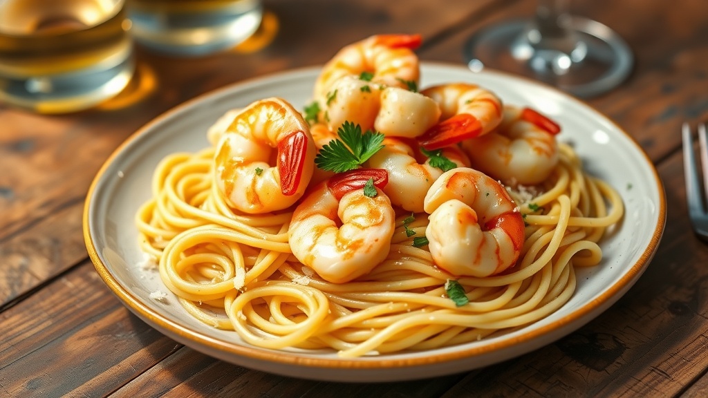 Garlic Butter Shrimp Scampi Pasta A plate of Shrimp Scampi Pasta with shrimp in garlic butter sauce, garnished with parsley and Parmesan cheese.
